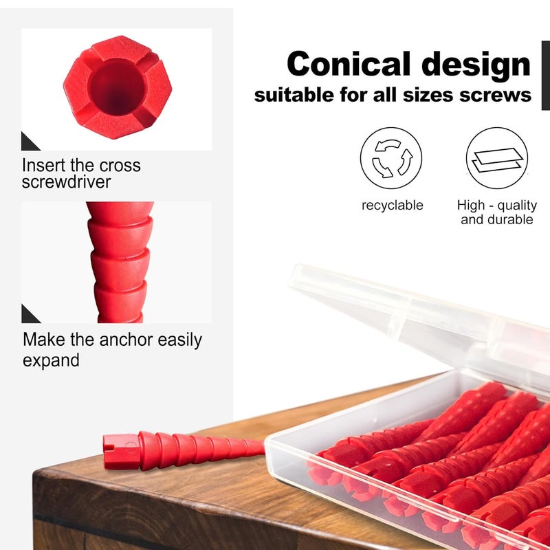 Haespot Red 20PCS Stripped Screw Hole Repair Anchor, Door Hinge Screw Hole Filler, Multi Use Wall Anchors, Fits Wood Screws Sizes #2 to #16 - Image 4